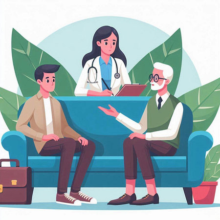 Doctor and patient sitting on sofa in medical office. Flat vector illustration.のイラスト素材