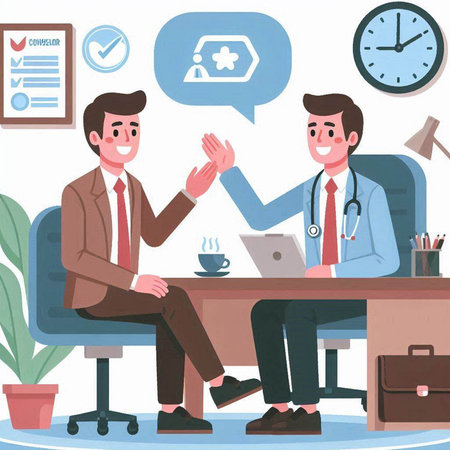 Doctor giving high five to patient in office. Vector illustration in flat styleのイラスト素材