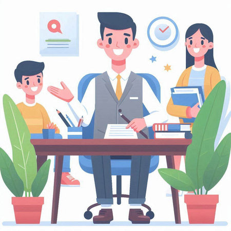 Teacher and students in classroom. Education concept. Vector illustration in cartoon styleのイラスト素材