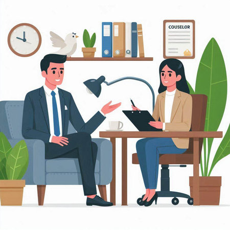 Man and woman in office. Man and woman sitting in armchair and talking. Vector illustrationのイラスト素材