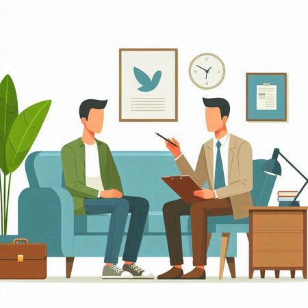 Psychotherapist working with patient in office. Flat vector illustration.のイラスト素材