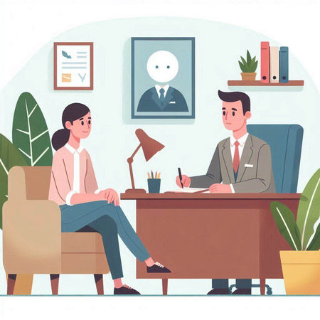 Businessman and businesswoman working in office. Man and woman sitting at table, talking and discussing documents. Vector illustration in flat styleのイラスト素材