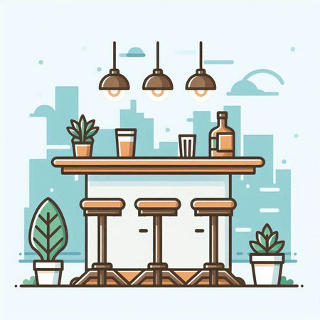 Coffee shop flat line vector illustration. Bar counter with cups, potted plants and bottles.のイラスト素材