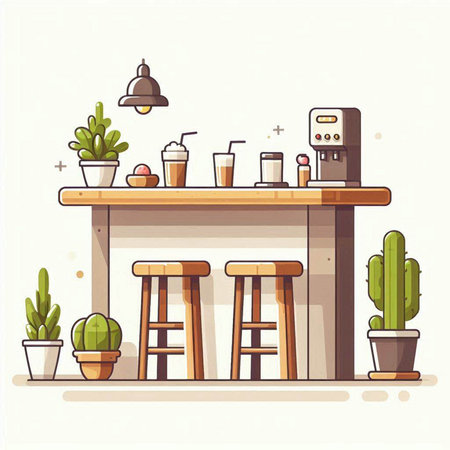 Coffee shop interior with bar counter, chair, coffee machine and plants. Vector illustration.のイラスト素材