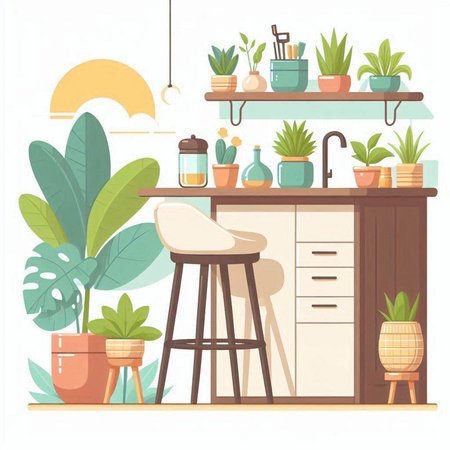 Kitchen interior with furniture and plants. Flat style vector illustration.のイラスト素材