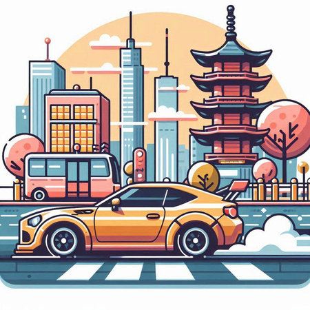 City road with car and buildings. Vector illustration in cartoon style.のイラスト素材
