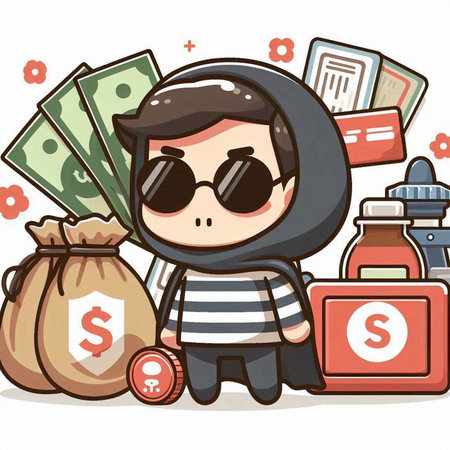 Cartoon thief with money bag and banknotes. Vector illustration.のイラスト素材