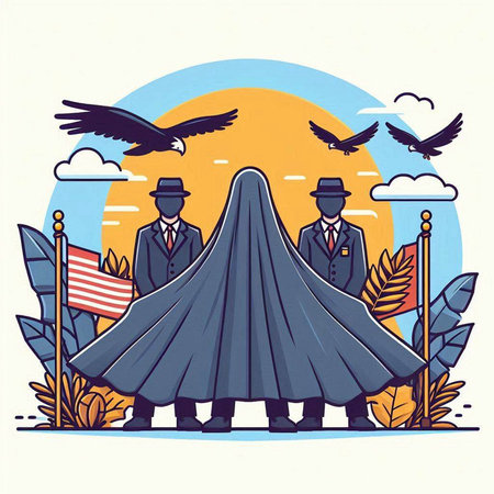 Businessman in cape and hat with flying birds. Vector illustration.のイラスト素材