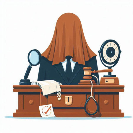Cartoon illustration of a judge sitting at the desk in his courtroom.のイラスト素材