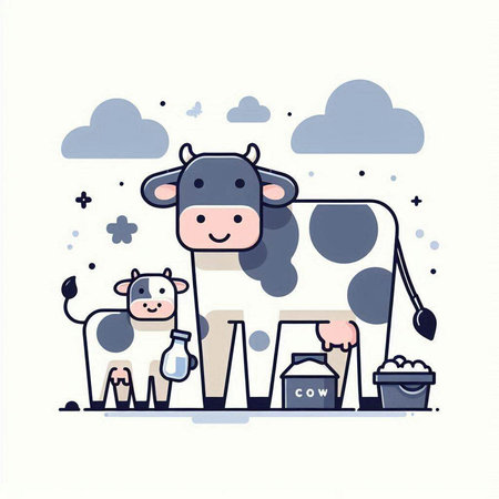 Vector illustration of cute cartoon cow with milk in hand. Farm animal conceptのイラスト素材
