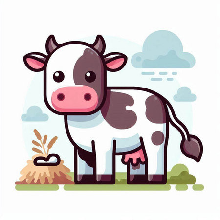 Cute cow in the field. Vector illustration in cartoon style.のイラスト素材