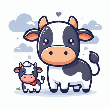 Cute cartoon cow and little calf on white background. Vector illustration.のイラスト素材