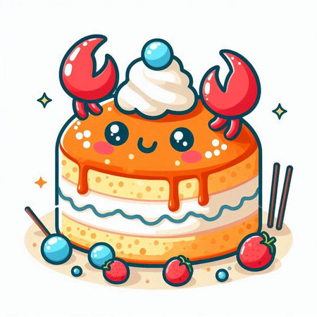 Cute kawaii cake with jelly and strawberry, vector illustrationのイラスト素材