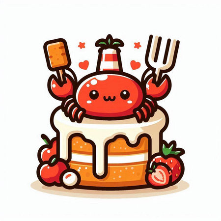 Cute cartoon crab with a cake. Vector illustration on white background.のイラスト素材