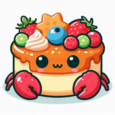 Cute kawaii cake with fruits and berries. Vector illustration.のイラスト素材