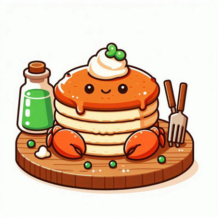 Pancakes on a wooden board with fork and knife. Vector illustration.のイラスト素材
