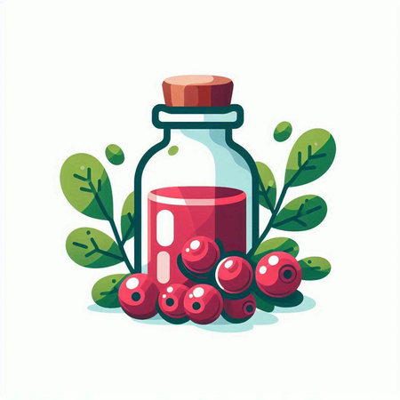 Cranberry syrup in a glass bottle with berries. Vector illustration.のイラスト素材
