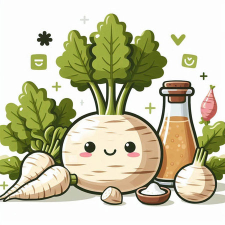 Cute turnip character with healthy food. Vector cartoon illustration.のイラスト素材