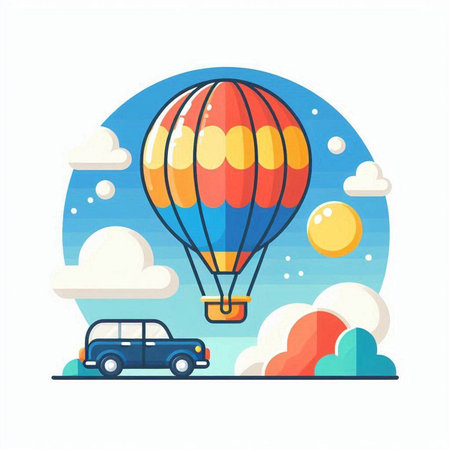 Hot air balloon flying in the sky. Vector illustration in flat styleのイラスト素材
