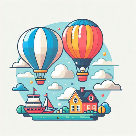 Hot air balloons flying over the city. Vector illustration in flat styleのイラスト素材