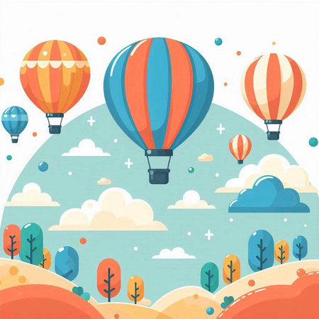 Colorful Hot Air Balloon Flying in the Sky with Clouds. Vector Illustrationのイラスト素材