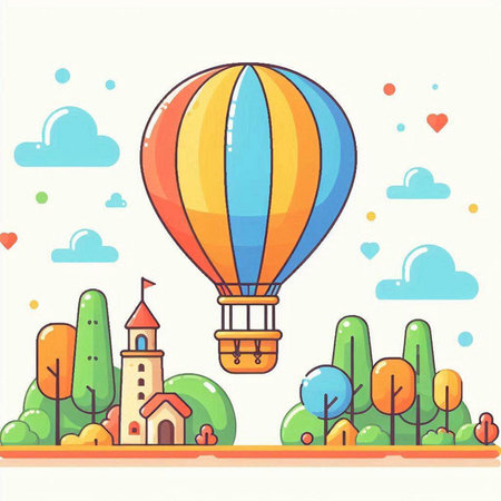 Vector illustration of a cute cartoon landscape with colorful hot air balloons.のイラスト素材