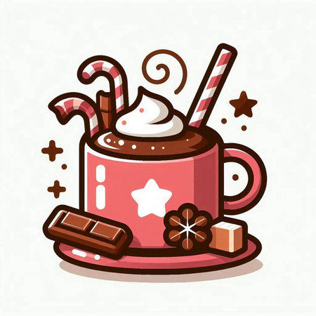 Cup of hot chocolate with whipped cream and candies, vector illustrationのイラスト素材