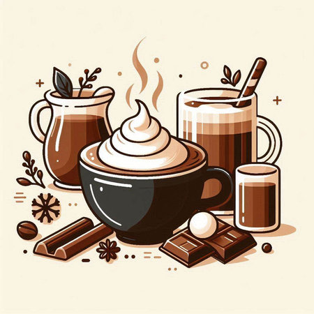 Coffee cup with whipped cream, chocolate and spices. Vector illustration.のイラスト素材