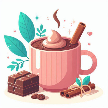 Hot chocolate with whipped cream and cinnamon. Vector illustration in cartoon styleのイラスト素材