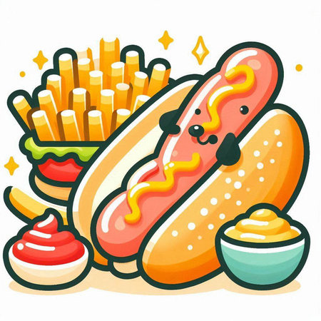 Hot dog with french fries and ketchup. Vector illustration of fast food.のイラスト素材