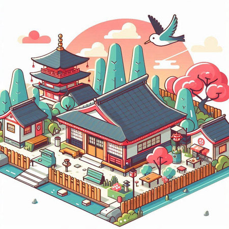 Traditional japanese house. Vector illustration in isometric style.のイラスト素材