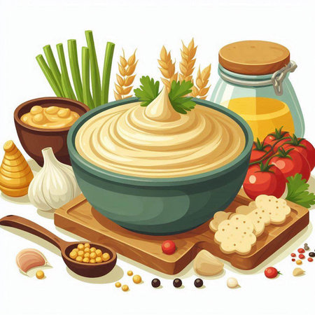 Illustration of a bowl of hummus with ingredients on a white backgroundのイラスト素材