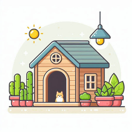 Dog house vector illustration. Cute pet house in flat style.のイラスト素材