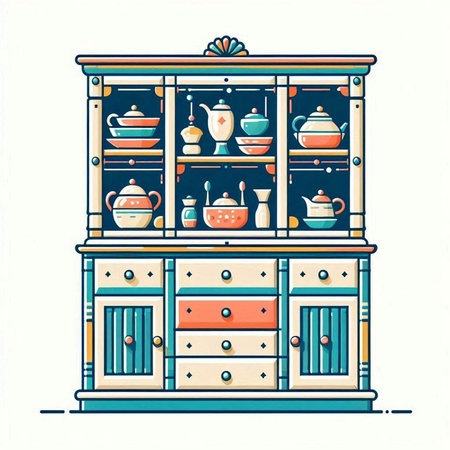 Cabinet with dishes and teapot. Vector illustration.のイラスト素材