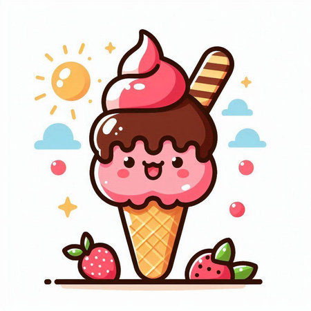 Cute ice cream character with strawberry and waffle cone vector illustration.のイラスト素材