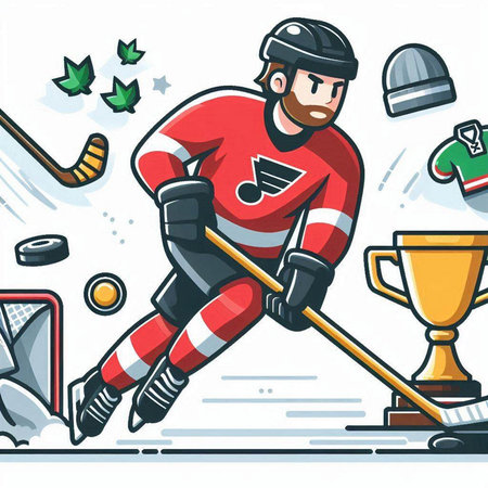 Hockey player with a stick and trophy. Vector illustration in cartoon style.のイラスト素材