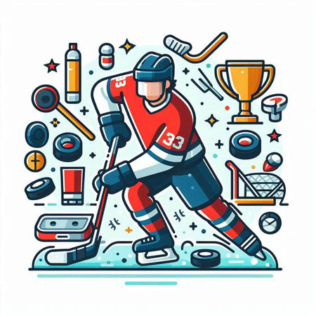 Hockey player with equipment on white background. Line art vector illustration.のイラスト素材