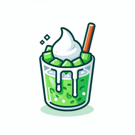 Matcha green tea latte in a glass with whipped cream and spoonのイラスト素材