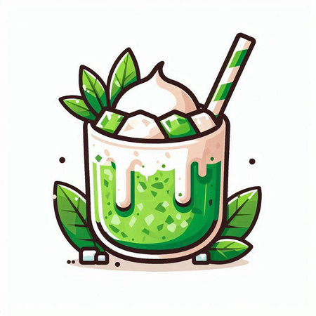 Green tea smoothie with whipped cream and mint leaves, vector illustrationのイラスト素材