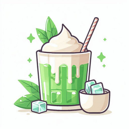 Green tea latte with whipped cream and ice cubes. Vector illustration.のイラスト素材