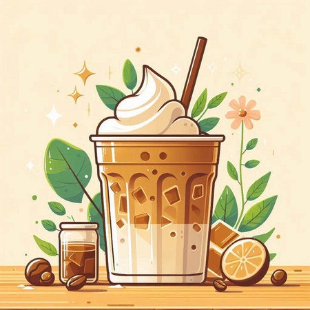 Iced coffee with whipped cream and lemon on wooden table, vector illustrationのイラスト素材