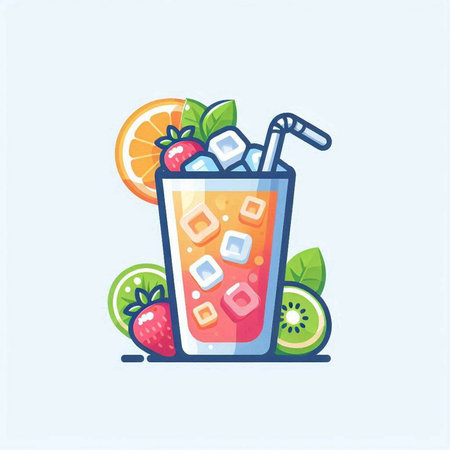 Cocktail with ice, kiwi, orange, strawberry and mint. Vector illustration.のイラスト素材