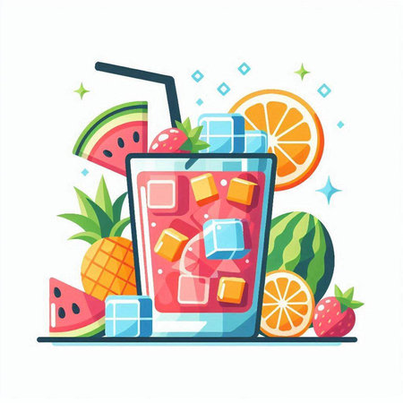 Refreshing summer drink with watermelon, pineapple and ice cubes. Vector illustration in flat styleのイラスト素材