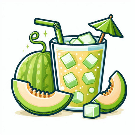 Melon smoothie with ice cubes and straws. Vector illustration.のイラスト素材