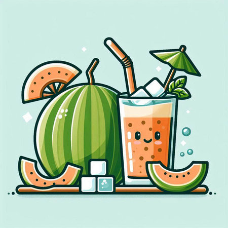 Watermelon and melon smoothie with ice and straw. Vector illustration.のイラスト素材
