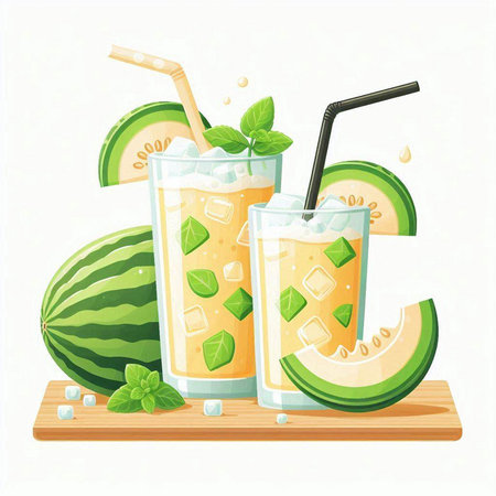 Refreshing melon smoothie with mint and ice. Vector illustration.のイラスト素材