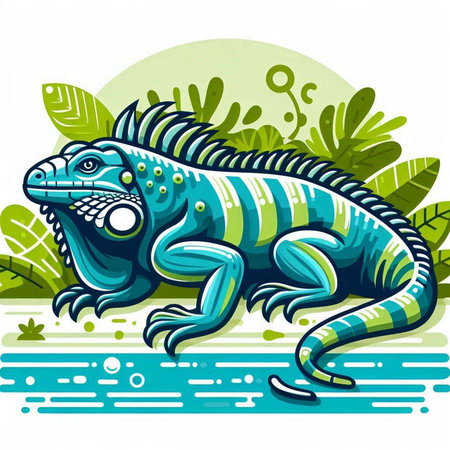Green iguana on a background of tropical plants. Vector illustration.のイラスト素材
