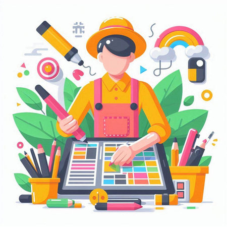 Painter at work. Flat design style modern vector illustration concept.のイラスト素材