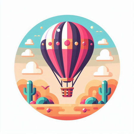Hot air balloon flying in the desert. Colorful flat vector illustration.のイラスト素材