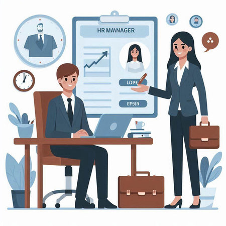 Businessman and businesswoman in office. Vector illustration in flat styleのイラスト素材